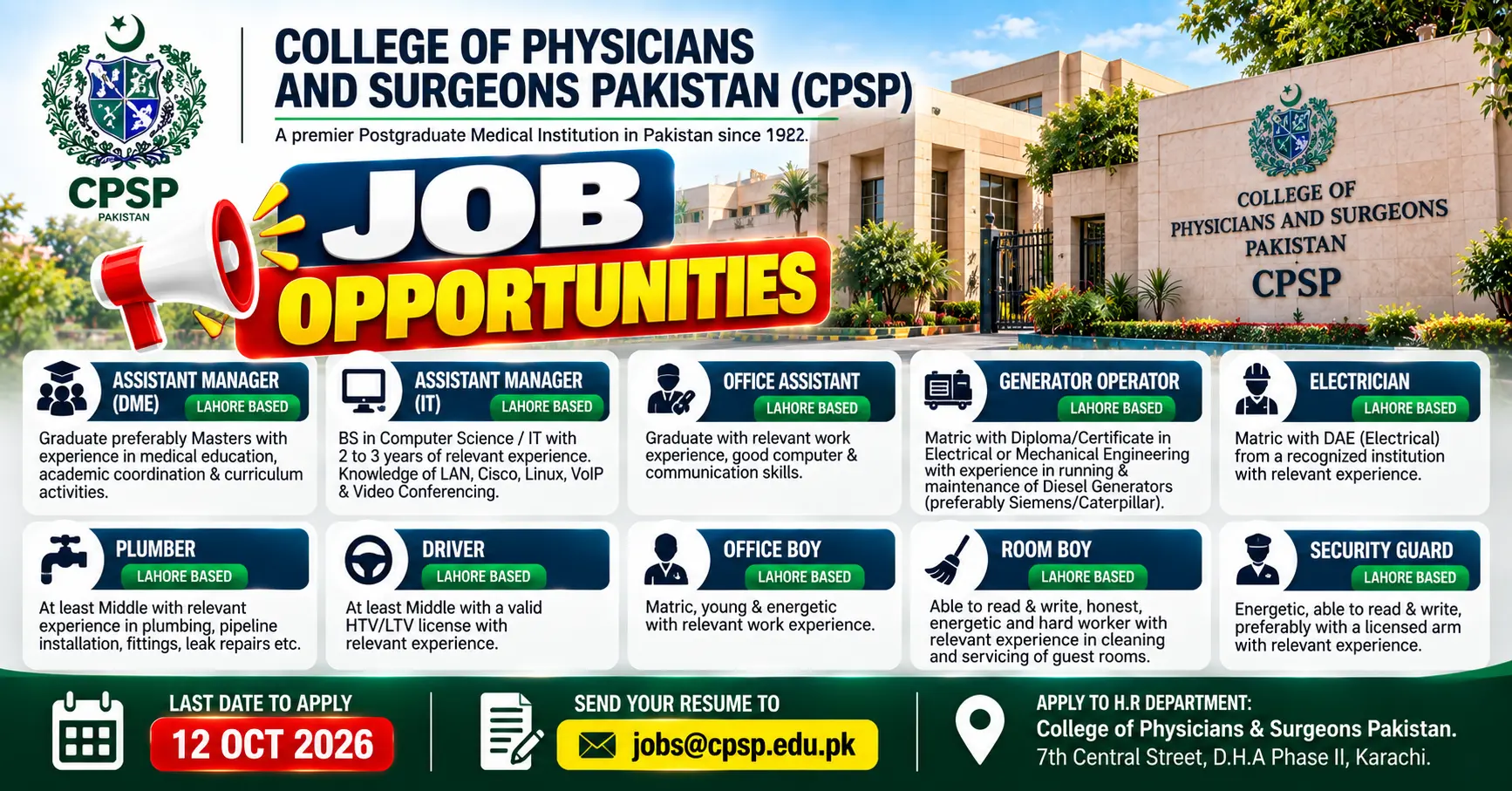 CPSP Jobs 2026 Lahore - College of Physicians and Surgeons Pakistan Opportunities