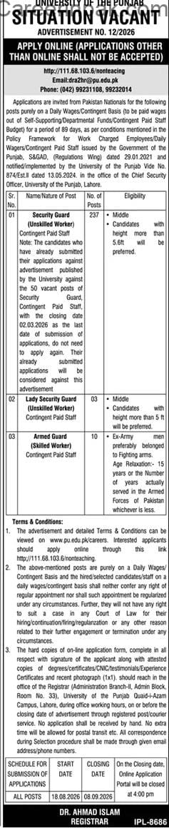 university of the punjab pu lahore jobs 2026
