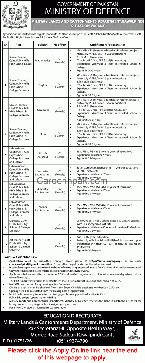 Military Lands and Cantonments Jobs 2026