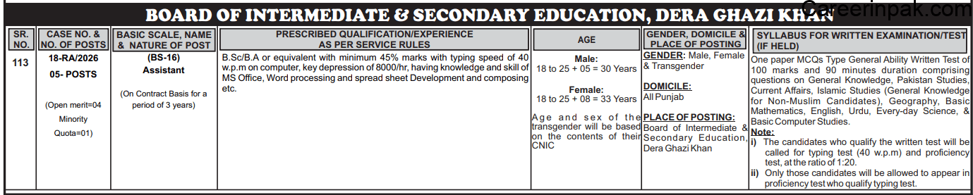 BISE DG Khan Jobs 2026