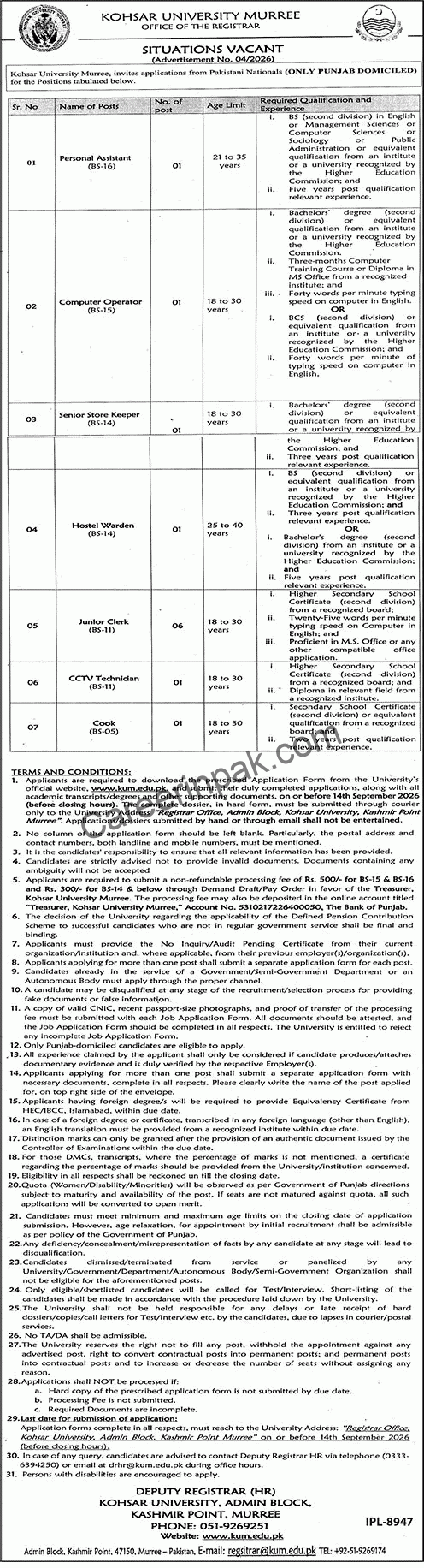 Kohsar University Murree Jobs 2026 - Exclusive 12+