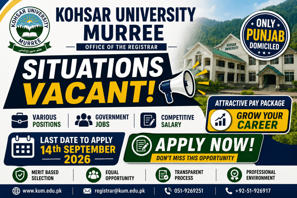 Kohsar University Murree Jobs 2026 - Exclusive 12+